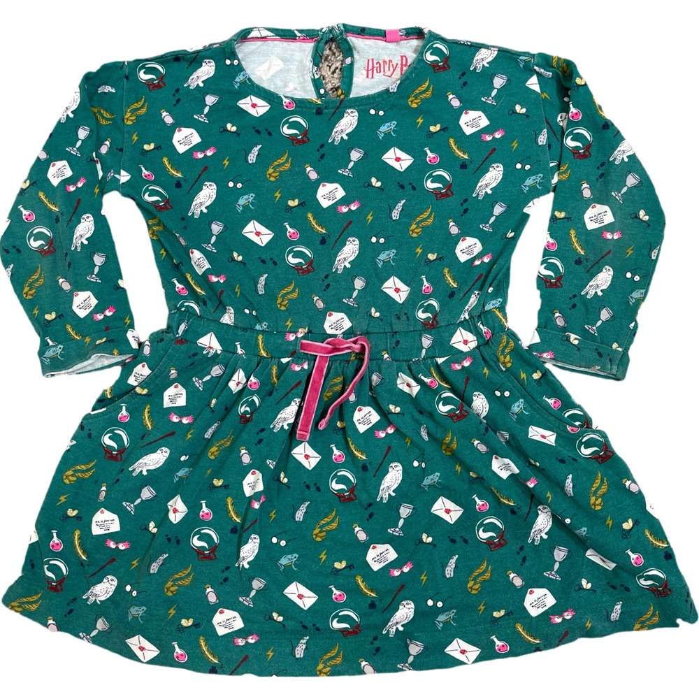 Mini Boden Harry Potter Dress Girls Size 3-4Y Green Hedwig Owl Snitch‎ Potions